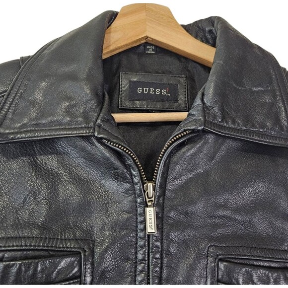 Guess Vintage 100% Leather Black Biker Jacket size small - Picture 3 of 7
